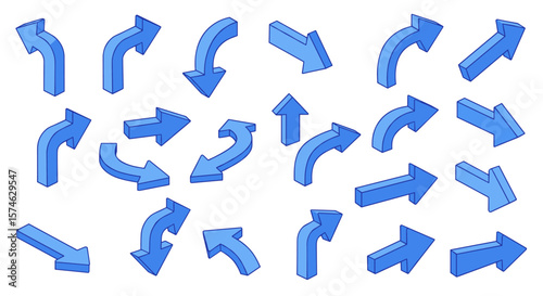 Collection of blue 3d arrows in various directions on white background