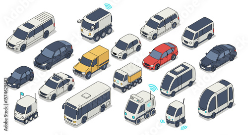 Isometric autonomous vehicle collection with various designs and smart features