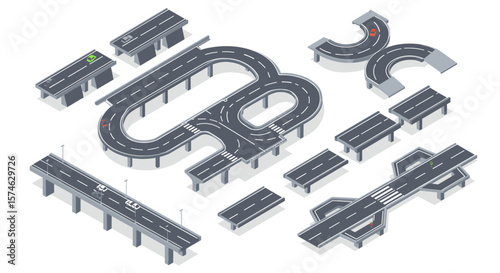 Isometric highway set with intersections and overpasses for urban planning design