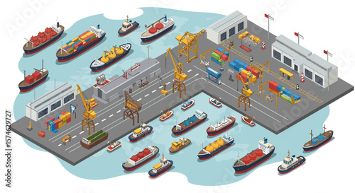 Isometric cargo port scene with ships, cranes, and warehouses in detailed perspective
