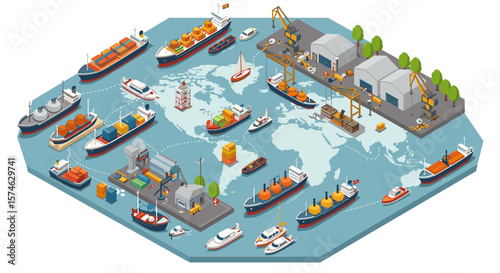 Global shipping industry with cargo ships and dockyard in isometric style
