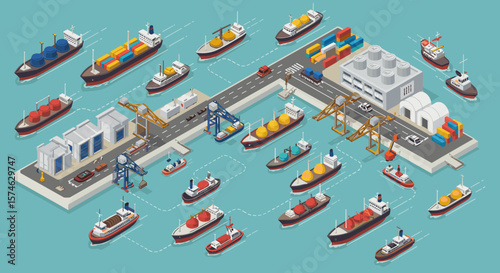 Isometric marine port scene with cargo ships and warehouses on blue background