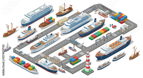 Maritime isometric port scene with cargo ships, cruise liners, and lighthouse