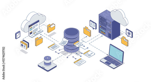 Isometric cloud data management network with servers and devices