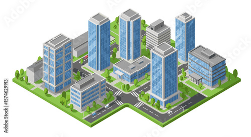 Modern urban isometric cityscape with skyscrapers and green spaces