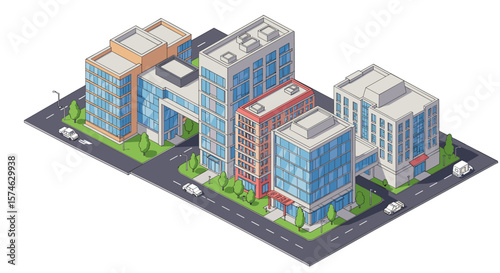 Isometric cityscape with modern commercial buildings and urban street