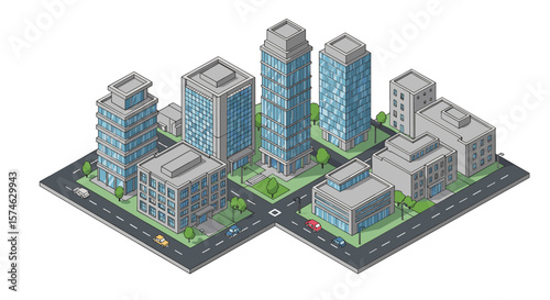 Isometric urban cityscape with modern buildings and streets