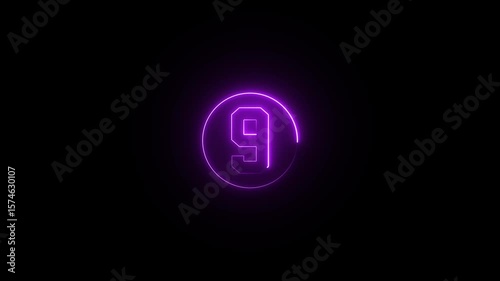 Glowing Purple Neon Number Nine Countdown Timer Circle Animation Digital Clock Sci Fi Interface