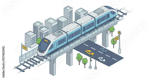 Modern isometric cityscape with elevated train and urban infrastructure