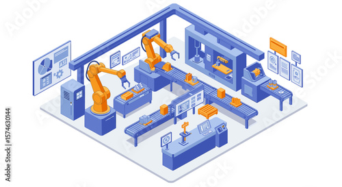 Isometric robotic production line in modern factory setting with automated machinery