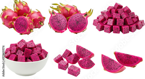 Arrangement of dragon fruit pieces isolated on transparent background