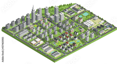 Sleek isometric cityscape featuring modern buildings and lush parks