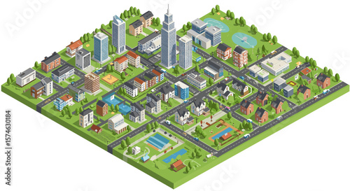Isometric cityscape with modern architecture and parks