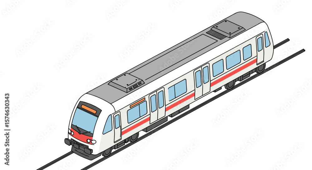 Fototapeta premium Modern isometric train design on tracks with red accents