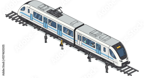 Modern commuter train on tracks with passengers in isometric design