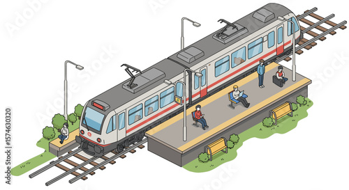 Modern urban commuter train at station platform with passengers in isometric view