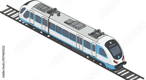 Modern isometric passenger train on track in minimalist style