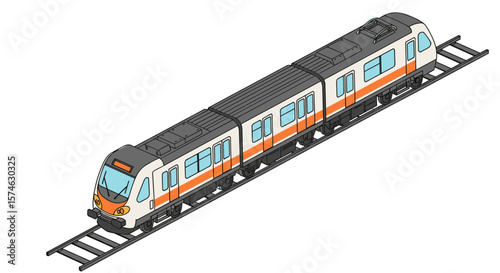 Modern isometric passenger train on railroad tracks with detailed design