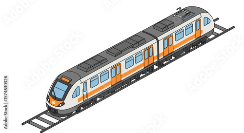 Modern isometric city train on tracks with orange and gray design
