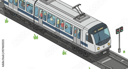 Modern isometric train with passengers on rails with signal lights