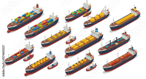 Diverse isometric cargo ships collection for maritime and logistics design