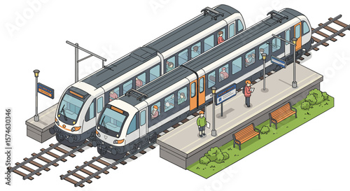 Modern commuter trains at urban station platform in isometric style