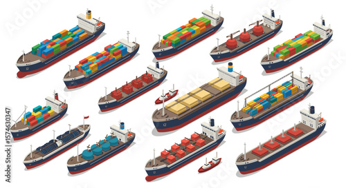 Diverse cargo ships collection in isometric view for maritime design projects
