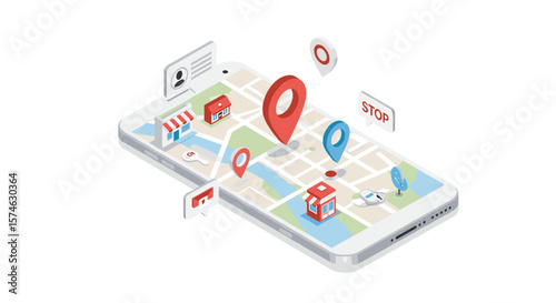 Isometric map gps navigation on smartphone with location pins and icons