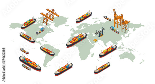 Global shipping routes with cargo ships and cranes over world map