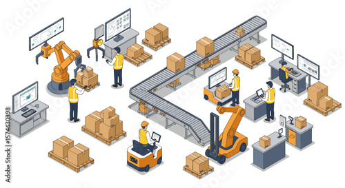 Isometric warehouse automation with robots and workers in logistics center
