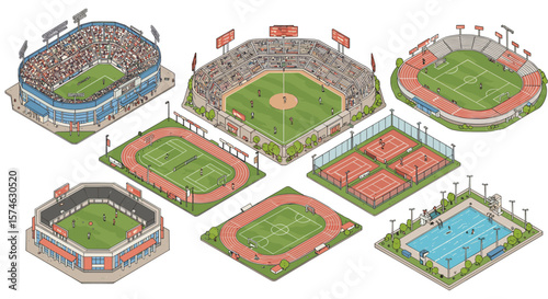 Isometric sports arenas collection featuring multiple athletic venues and stadiums