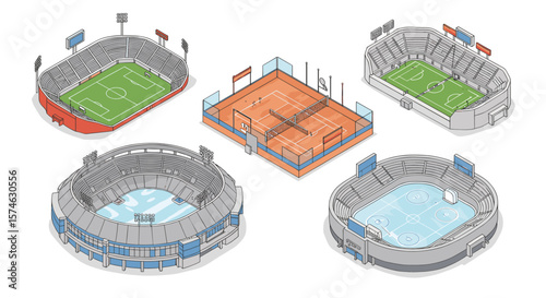 Isometric sports arenas: football, tennis, basketball, swimming, ice hockey