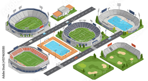 Isometric sports complex with stadiums and pools
