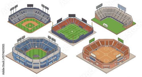 Isometric design of various sports stadiums with detailed seating and fields