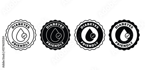 Diabetes Friendly Icon Set Black and White Circular Seals with Water Drop and Check Mark Vector Design Template