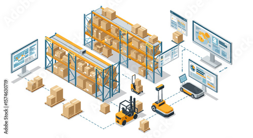 Isometric warehouse automation with forklifts, robots, and digital displays