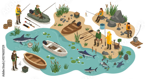 Isometric fishing scene with people, boats, and sharks in a river landscape