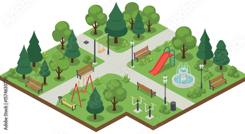 Charming isometric park: playground, fountain, and lush trees in urban oasis