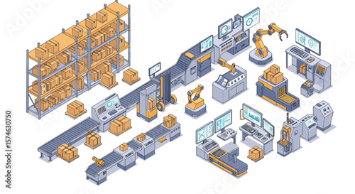 Isometric smart factory automation with robotic arms and conveyors
