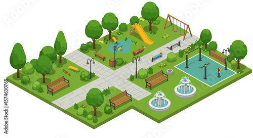 Isometric city park with playground, benches, and fountains in lush green setting