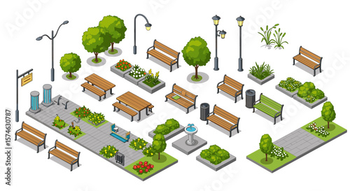 Isometric outdoor park elements with benches, trees, and pathways