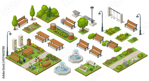 Isometric urban park elements with benches, trees, and fountains for design projects