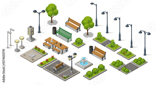 Isometric urban park elements: benches, street lamps, trees, and pathways for landscape design
