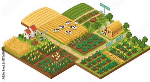 Isometric farm landscape with crops, animals, and buildings in a rural setting