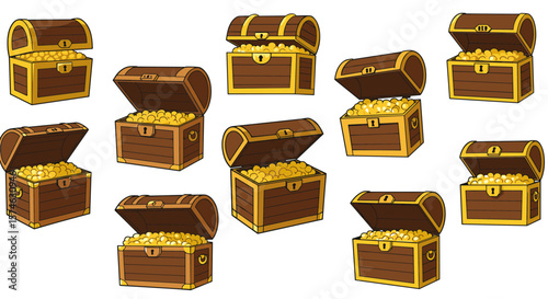 Collection of treasure chests filled with gold coins in cartoon style