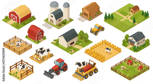 Isometric farm scene with animals, buildings, and machinery