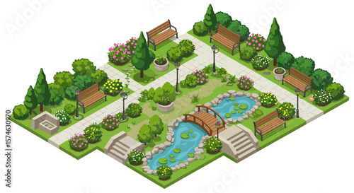 Charming isometric garden park with benches, pond, and lush greenery in bloom