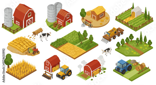 Isometric farm scene with buildings, crops, and machinery in rural landscape