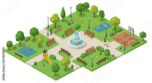 Isometric park scene with playground, fountain, and basketball court