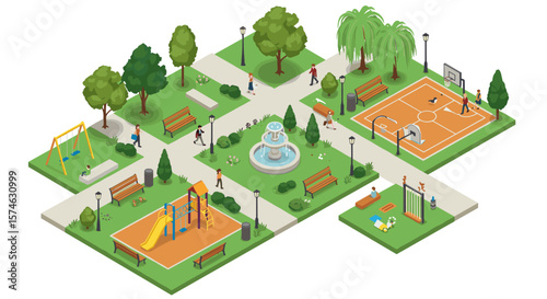 Isometric city park with playground, fountain, and basketball court